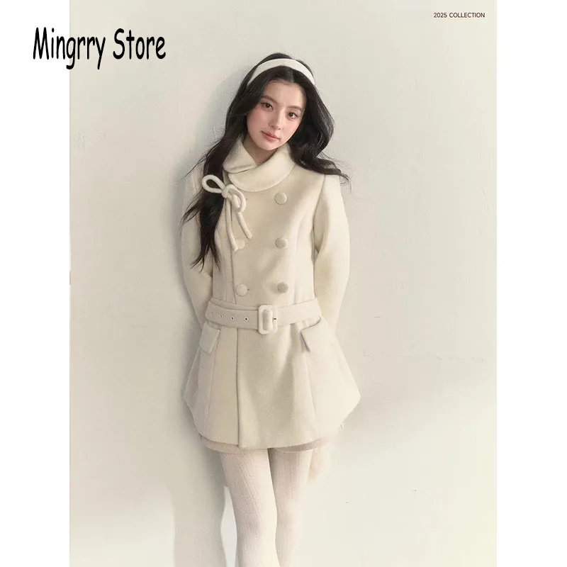 الفرنسية الحلو كلية نمط معطف الصوف المرأة مزدوجة الصدر ضئيلة منتصف طول معطف 2025 الشتاء الكشمير سترة دافئة ملابس خارجية معطف #3