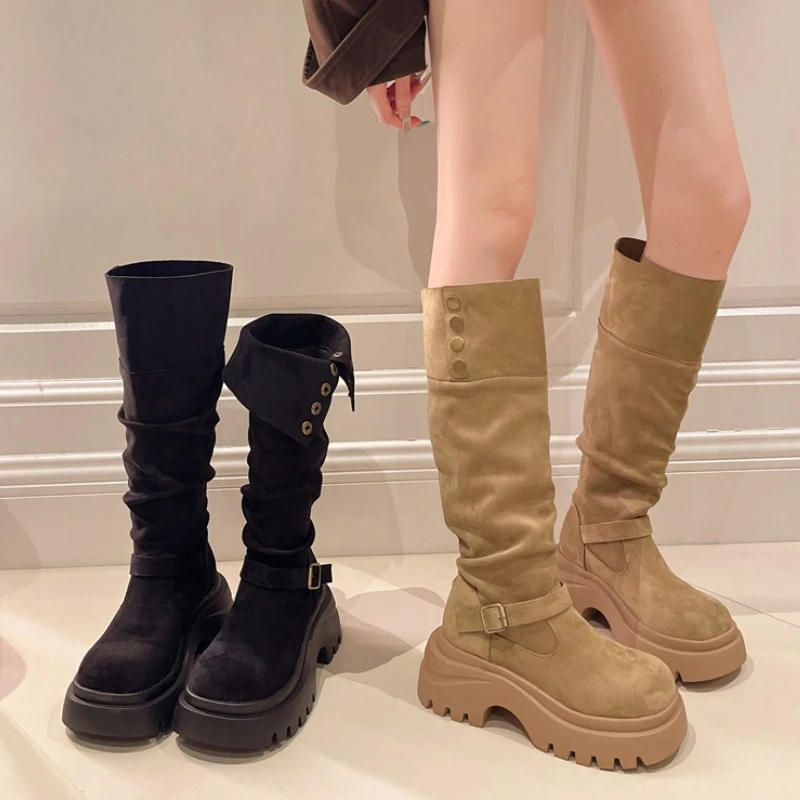 

Женские рыцарские высокие сапоги на толстом каблуке на платформе, увеличивающие рост, туфли с пряжкой на ремне, осенне-зимние женские винтажные длинные ботильоны в стиле панк