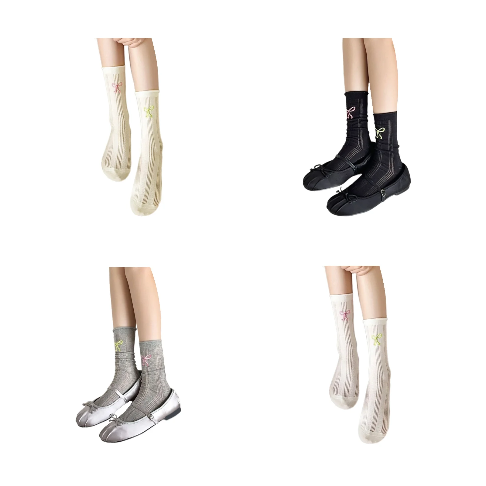 

Women's ballet style embroidered bow socks four-color combination (milk white + black + gray + white)