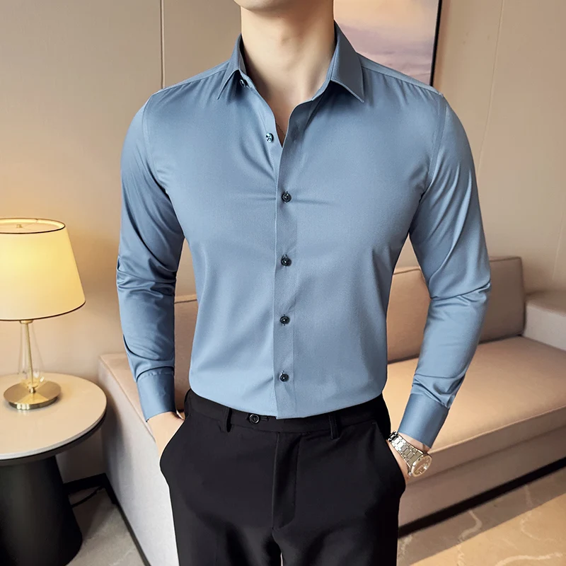 Solid Color Slim Fit Men's Business Casual Long-sleeve Shirt, Stretchy and Breathable for Daily Commuting and Formal Occasions.