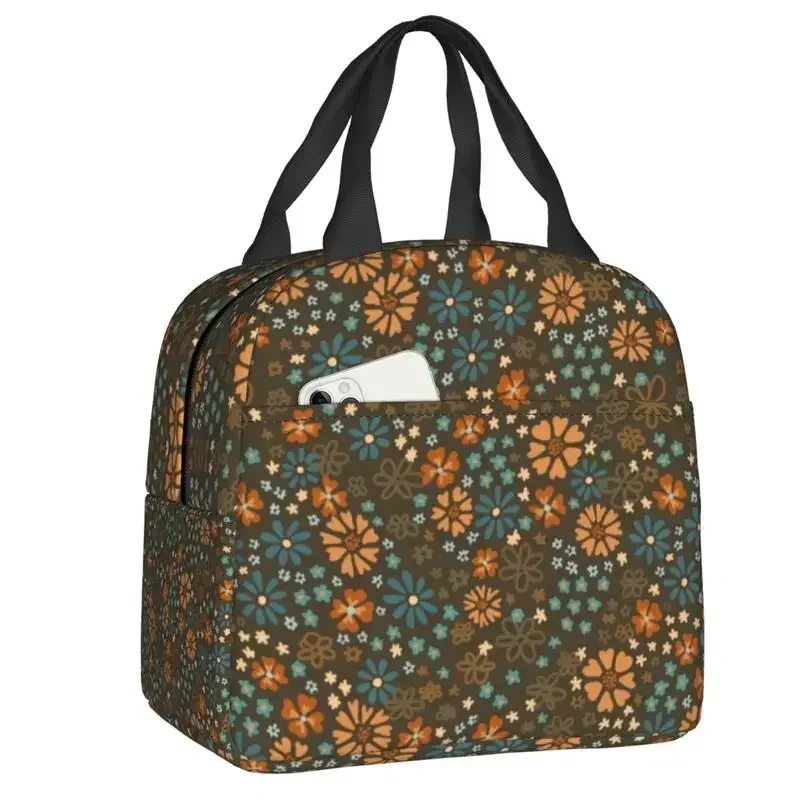 Retro Hippie Summer Florals Pattern Insulated Lunch Bags for Women Portable Cooler Thermal Bento Box Outdoor Camping Travel