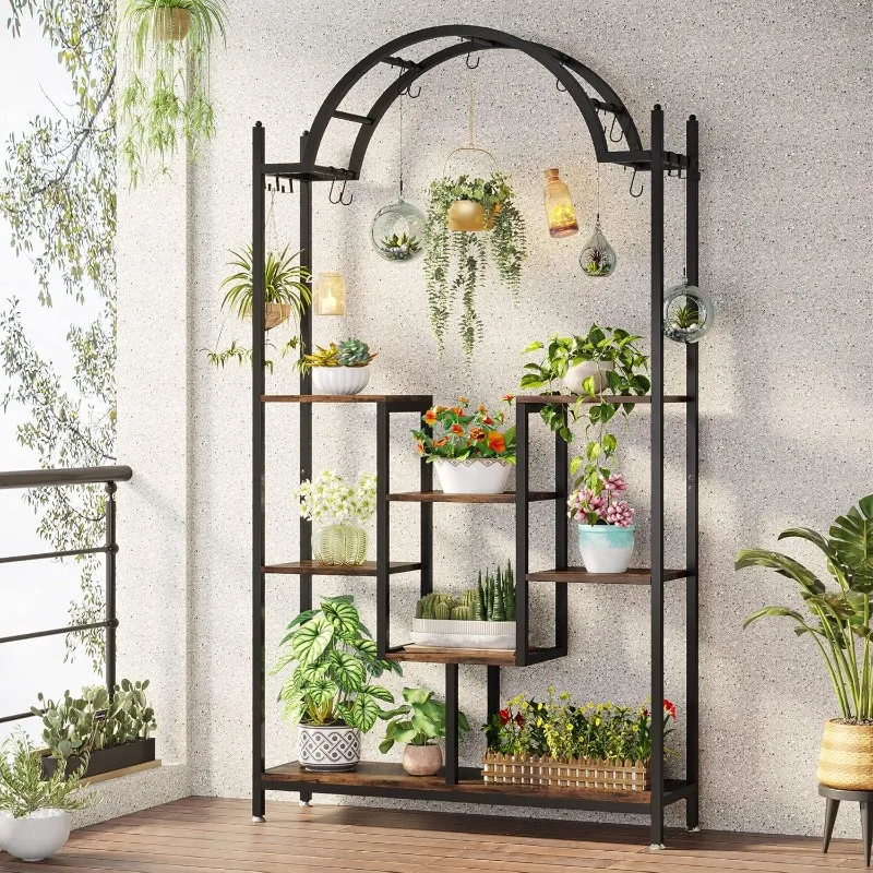 5-Tier Tall Indoor Plant Stand, 74.8'' Arched Metal Flower Shelf with Hanging Hooks, Large Bonsai Pots Display Rack for Indoor,