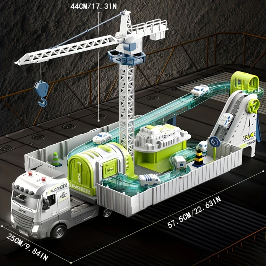 مجموعة ألعاب بناء الصبية النهائية ، شاحنة بضائع معدنية كبيرة ، مسار الفضاء ، حاوية قابلة للفصل ، صوت وضوء واقعيين