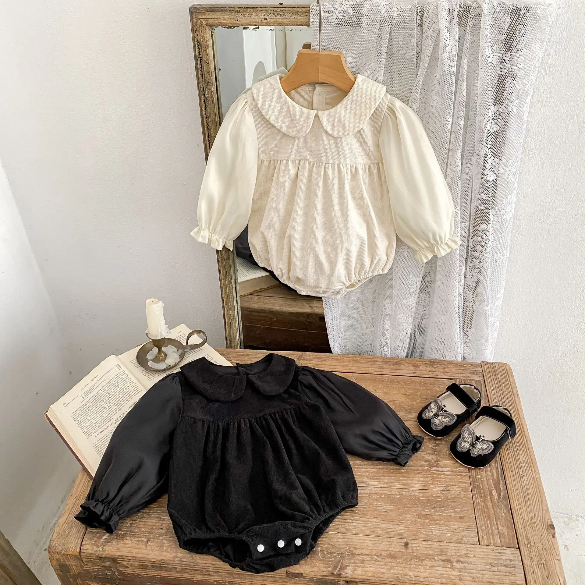 

2025 Fall Baby Girl Romper French Style Corduroy Dress Peter Pan Collar Long Sleeve Solid Color 0-24 Months​