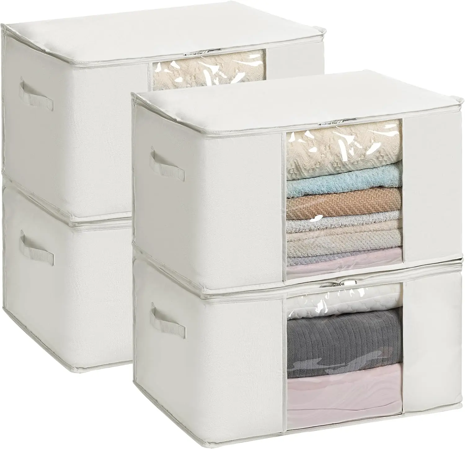 

Large Zippered Storage Bags with Clear Window, Cotton Fabric Containers for Clothes and Bedding, 4-Pack Beige