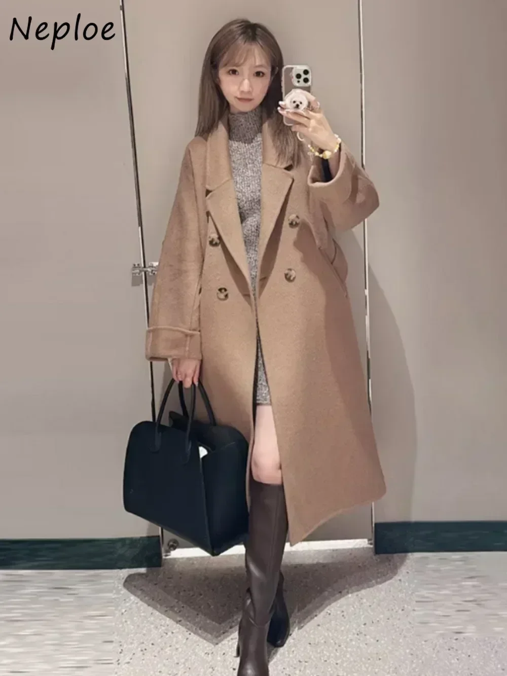 Neploe Giacca in lana Harajuku stile Hong Kong vintage Slim Lace Up Winter All-match Blends Cappotto di lusso per pendolari di media lunghezza giapponese