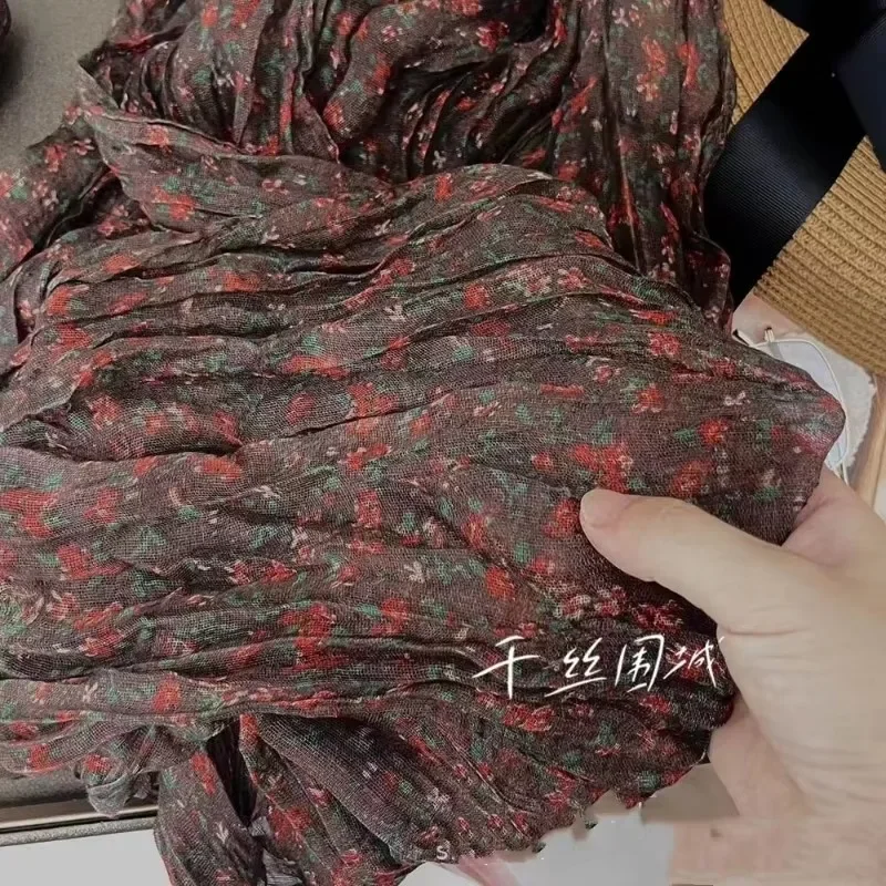 Floral Retro Korean Version Imitation Cotton and Linen Scarf New Sunscreen Scarf Pleated Thin Floral Printed Shawl Outer Cover
