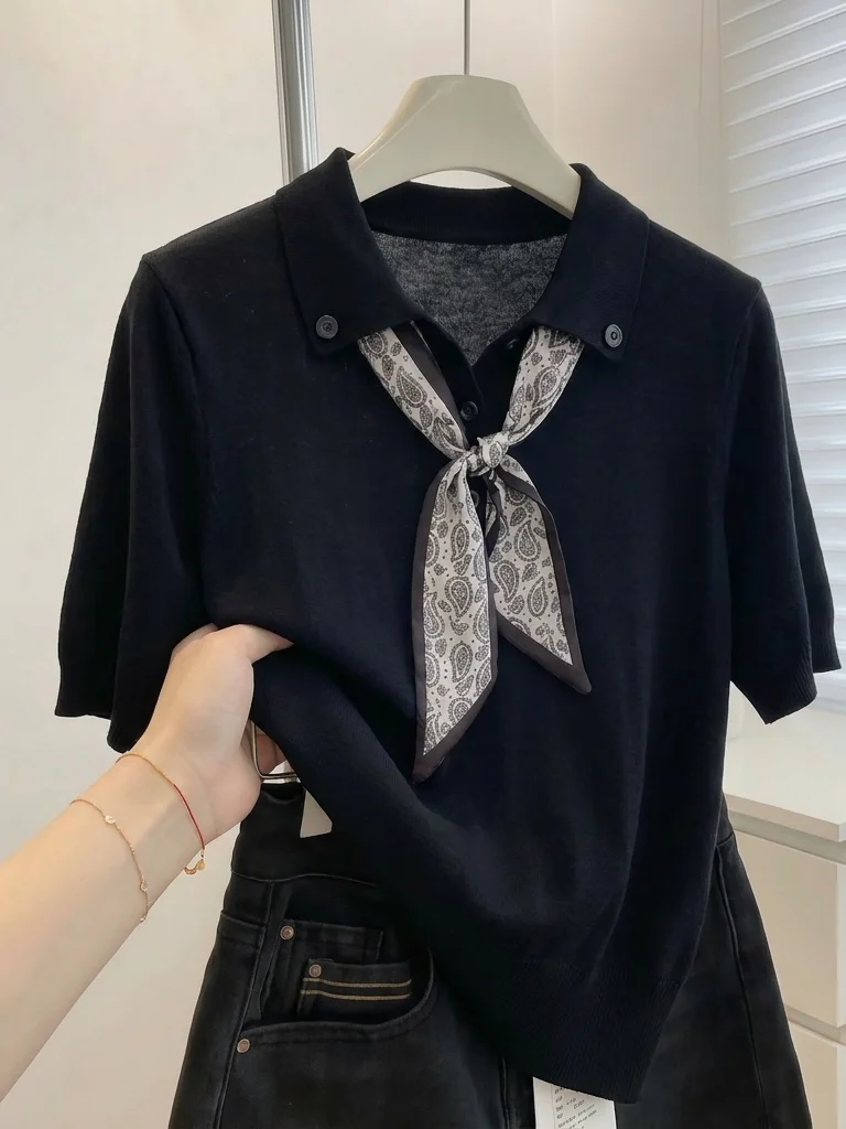 Khaki  Neck Short Sleeve Knitted T-Shirt Women Summer New plus Size Slimming Top with Silk Scarf Shoulder Width Regular