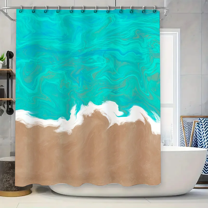 

Стильная занавеска для душа с синими и белыми волнистыми принтами, водонепроницаемая ткань для украшения ванной комнаты (бежевый цвет)