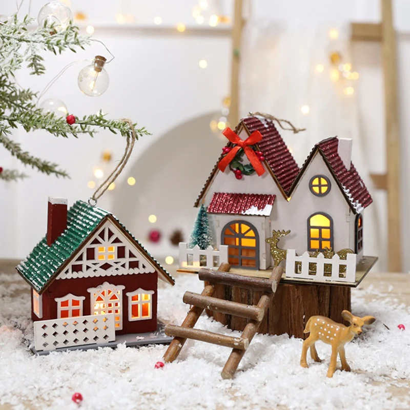 Mini maisons de noël en bois éclairées par LED, ornements de Table de scène de Village de neige d'hiver, décorations de fête