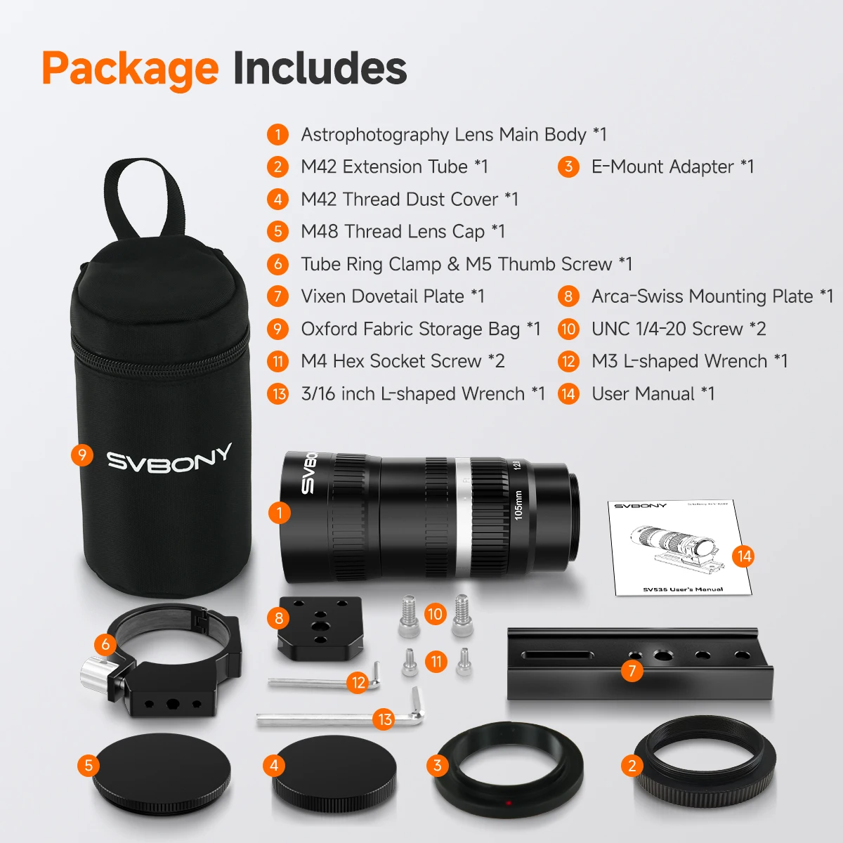 Svbony SV535 천문 망원경 105mm f/2.8 APO 굴절식 아스트로 카메라 프라임 렌즈, 심우주 사진 촬영용 M42/E-마운트 포함