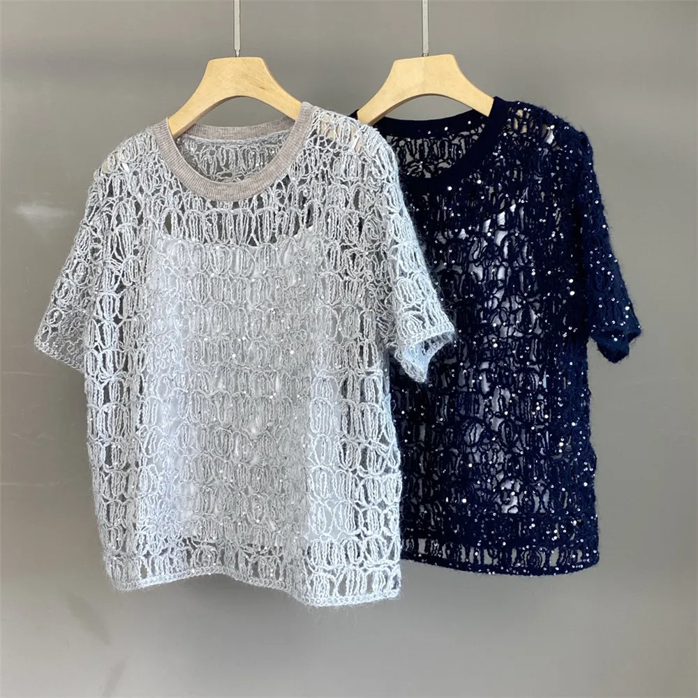

Ladies' 2025 early Autumn New Hollow Out Hand Hook flower Sequin Short Sleeved T-shirt Top