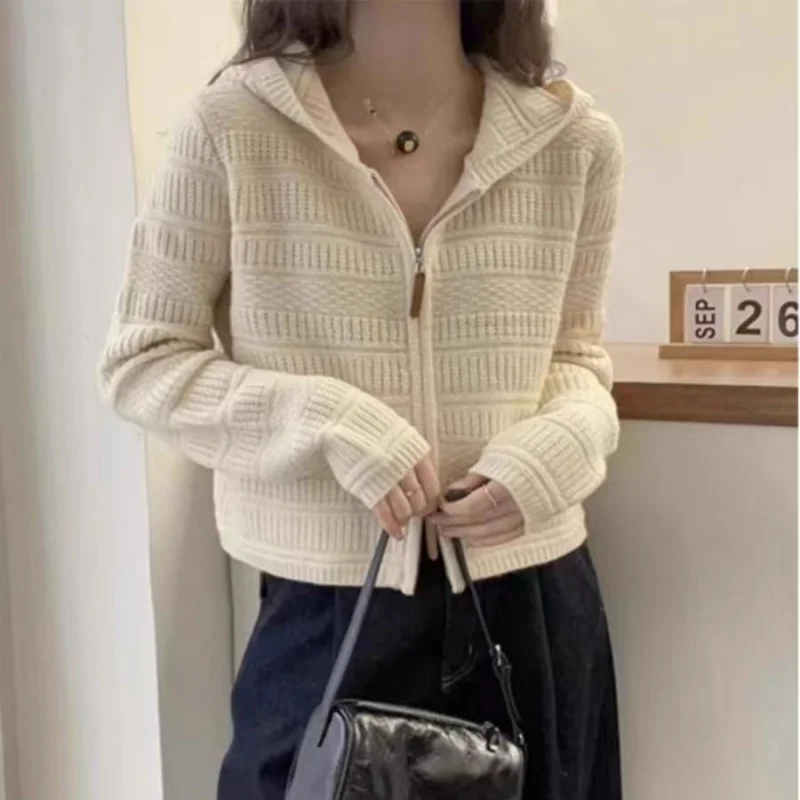 

2025 Autumn and Winter Thickened 100% Pure Wool Women's Hooded Knit Cardigan Loose Sweater Coat with Double Zippers Short Style