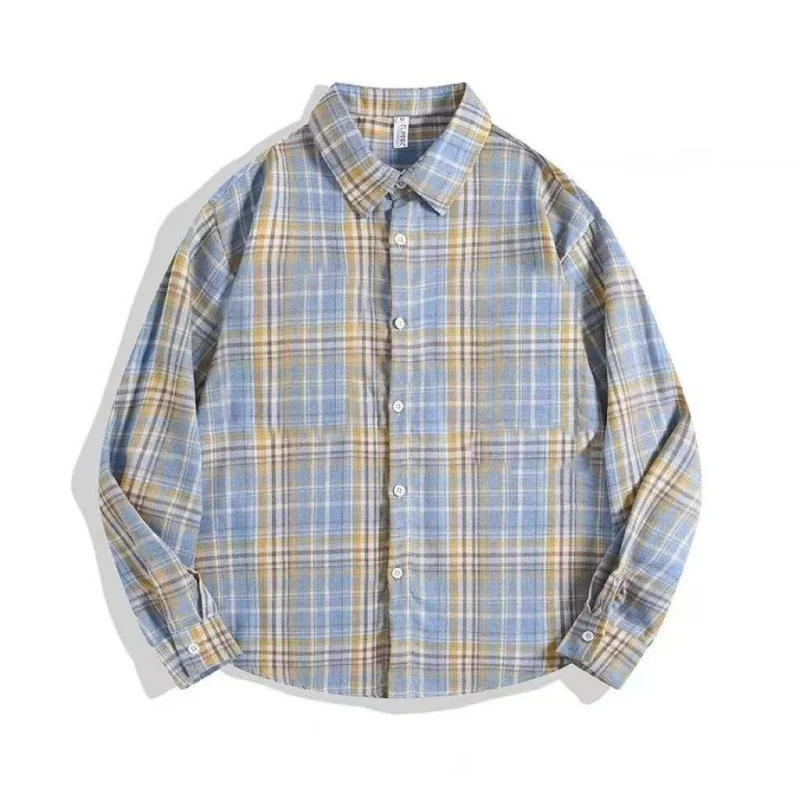 

Classic Blue Yellow Plaid Shirts Spring Summer Womens Long Sleeve Collared Button Closure Tops Streetwear Casual Retro T-Shirts