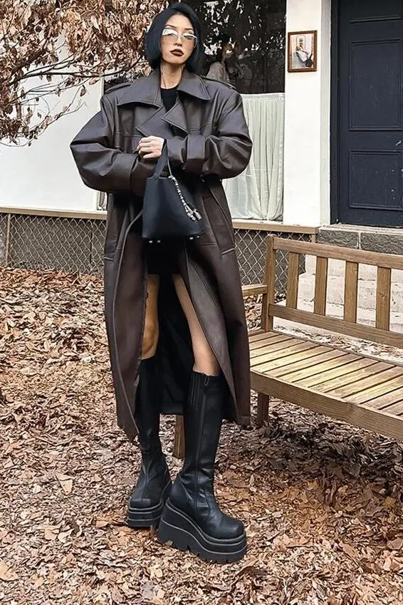 

​ ​ Rebel Chic 2025: женский длинный плащ из искусственной кожи, неструктурированная куртка большого размера в нейтральном стиле ​ ​