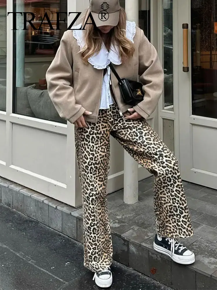 TRAFZA 2024 New Woman Trousers Leopard Print High Waist Zipper Loose Long Pants Casual Chic Elegant Vintage Wide Leg Pant Street