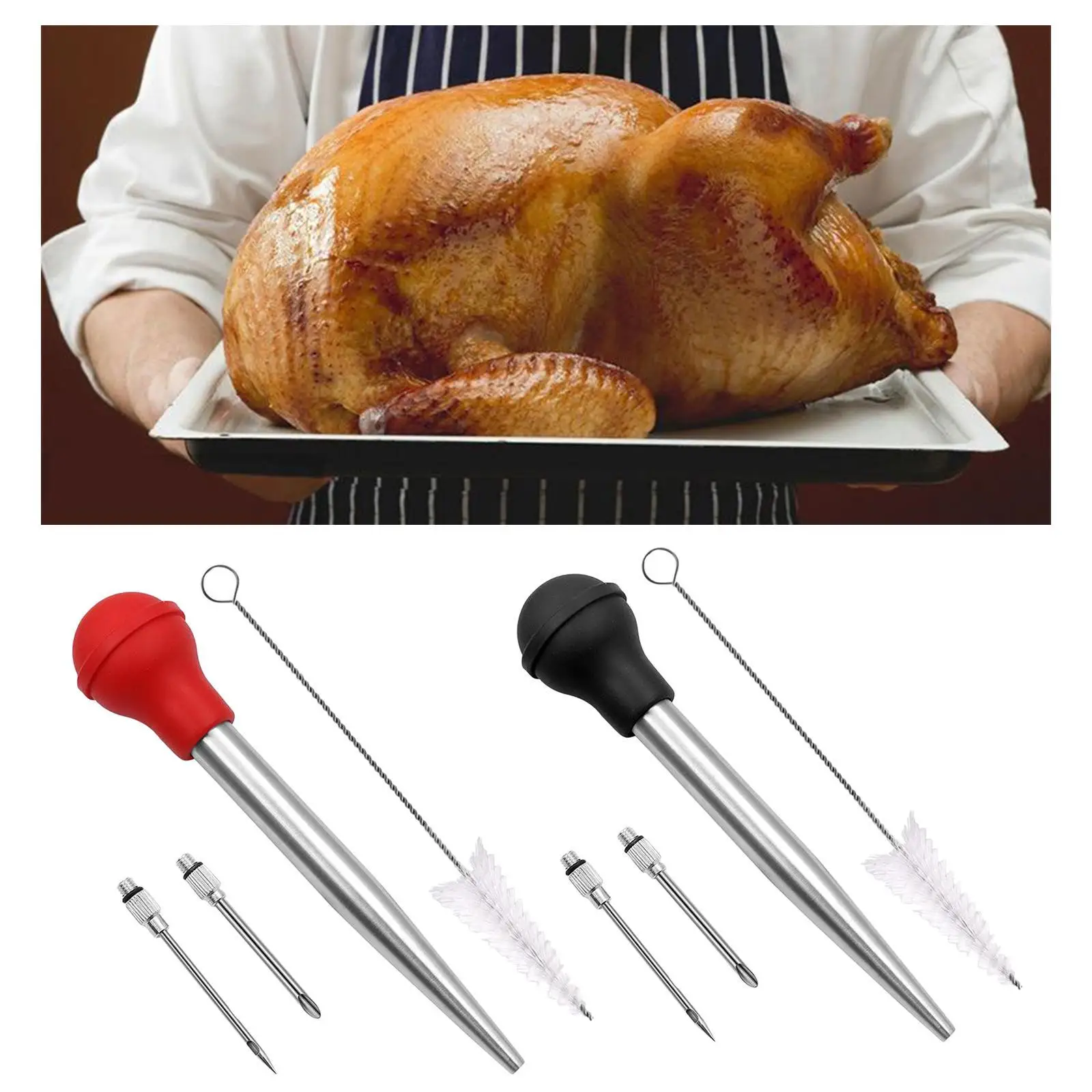 Stainless Turkey Baster Syringe Pipe with Silicone Bulb Chef Cooking for