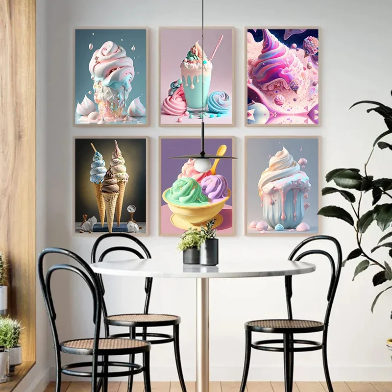 Colorful Ice Cream Cone Canvas Poster Beautiful Rainbow Dessert Wall Art Pictures for Kitchen Bar Store Modern Home Decor Gif