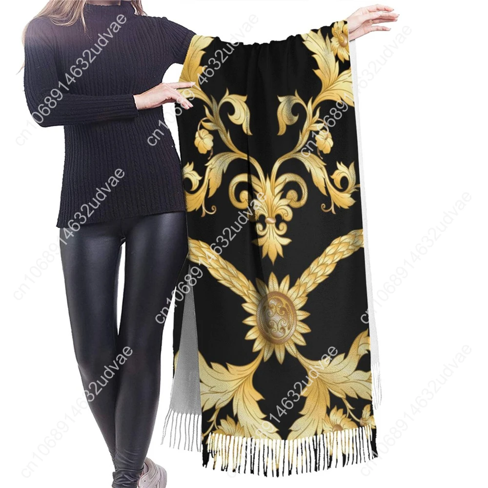 Schwarze Schals für Damen Winter goldene Blumen Kaschmir Schal Pashmina Schals Wraps weiblichen Foulard Bandana dicken Druck