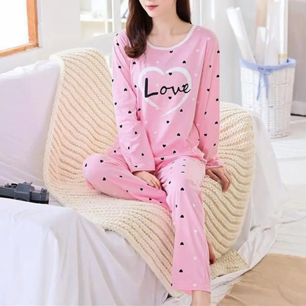 Warm Women Two-piece Pajama Set Cozy Women\'s Cartoon Rabbit Pajama Set Stylish Round Neck Top Elastic Waist for Fall/winter