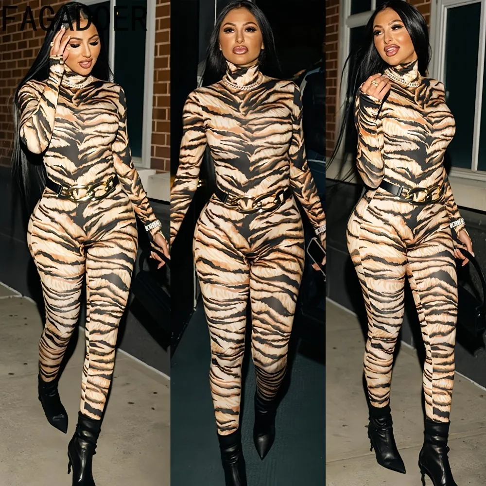 

FAGADOER Sexy Tiger Printting Patchwork Bodycon Jumpsuits Woman High Neck Long Sleeve Rompers Female Streetwear Overalls New