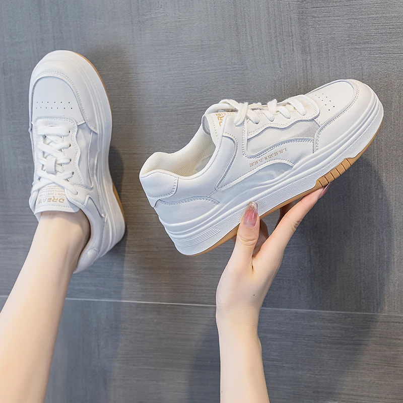 Leather Mesh Yarn Small White Shoes Women's Shoes 2023 New Soft Sole Sports Casual Shoes Vulcanized Shoes All Match Breathable