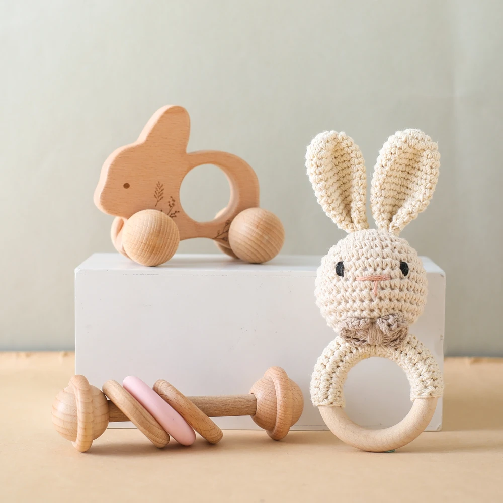 3pc Baby Rattle Toys Wooden Animal Car and Crochet Rattle Sets Baby 0 12 Months Toys Teething Toys Baby Accessories Baby Toys