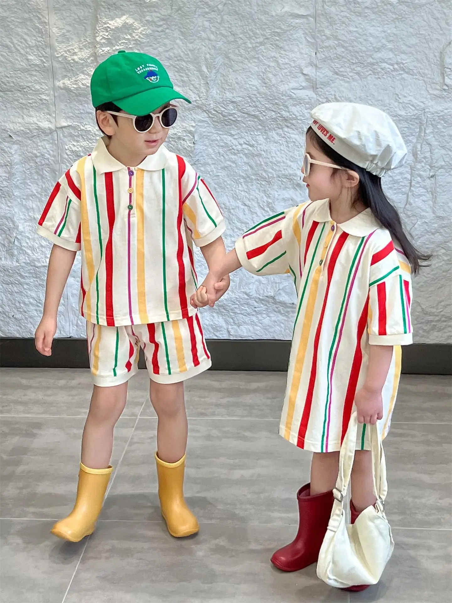 2024 Summer Korean Childrens Clothing Colorful Dress Short Sleeved Shorts Set for Boys and Girls Cute Designable Summer Clothes