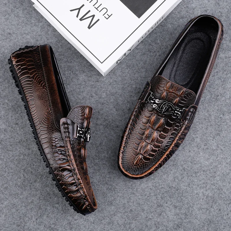 

Spring Summer mens slip on shoes casual leather men loafers moccasins fashion driving shoes crocodile pattern man walking flats