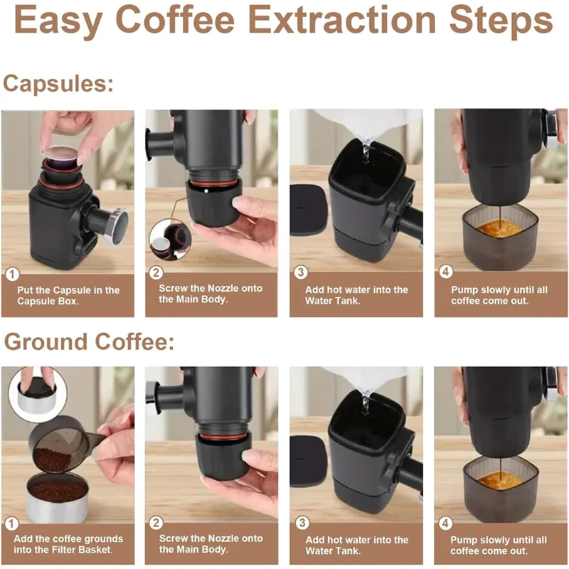 -ESTR Портативная эспрессо-машина для молотых кофе и капсул, небольшая кофемашина для путешествий, идеально подходит для кемпинга, пеших прогулок, офиса