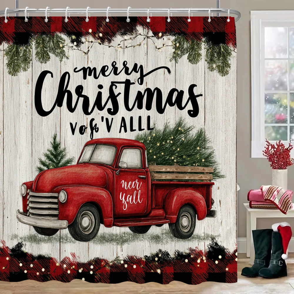 

Red truck Christmas tree Shower Curtain, Bathroom Curtain, Merry Christmas Shower Curtain, home decoration Curtain with Hooks