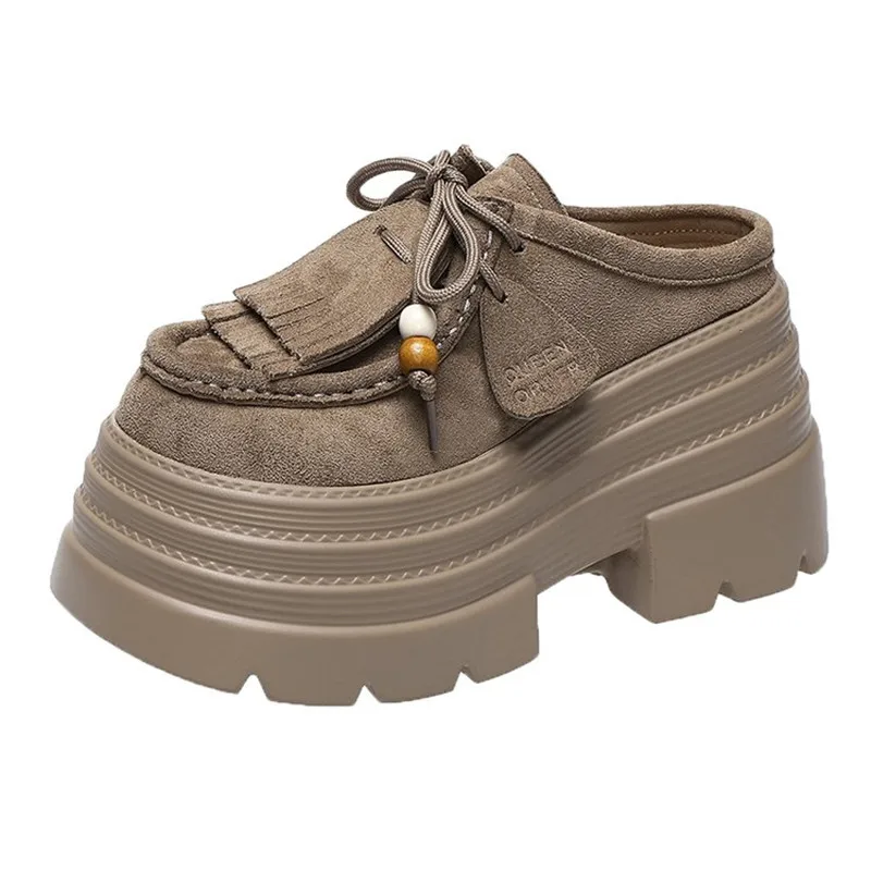 

New Autumn Slippers Women's Leather Sneakers High Platform Lace-up Casual Shoes Thick Sole Heels Walking Shoes Zapatos Mujer