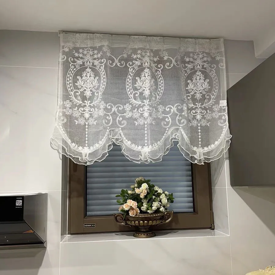 French Double Pearls Lace Bottom Short Sheer Curtain American High-Grade Embroidered Half Yarn Drapes For Window Kitchen Door