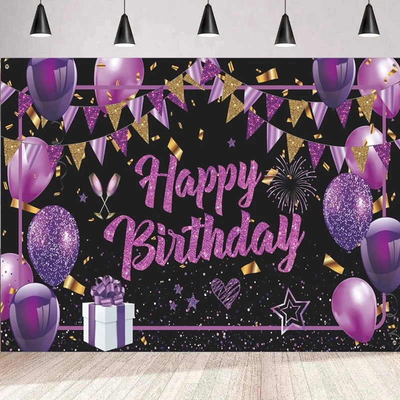 Photography Backdrop Purple Black Gold Banner Happy Birthday Party Decor Sign Photo Booth Background Wall For Women Girls Poster