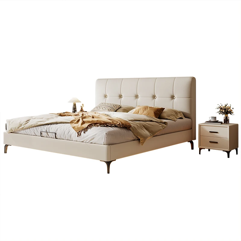 

Solid wood bed cream wind thin bedside leather bed modern simple medium and small