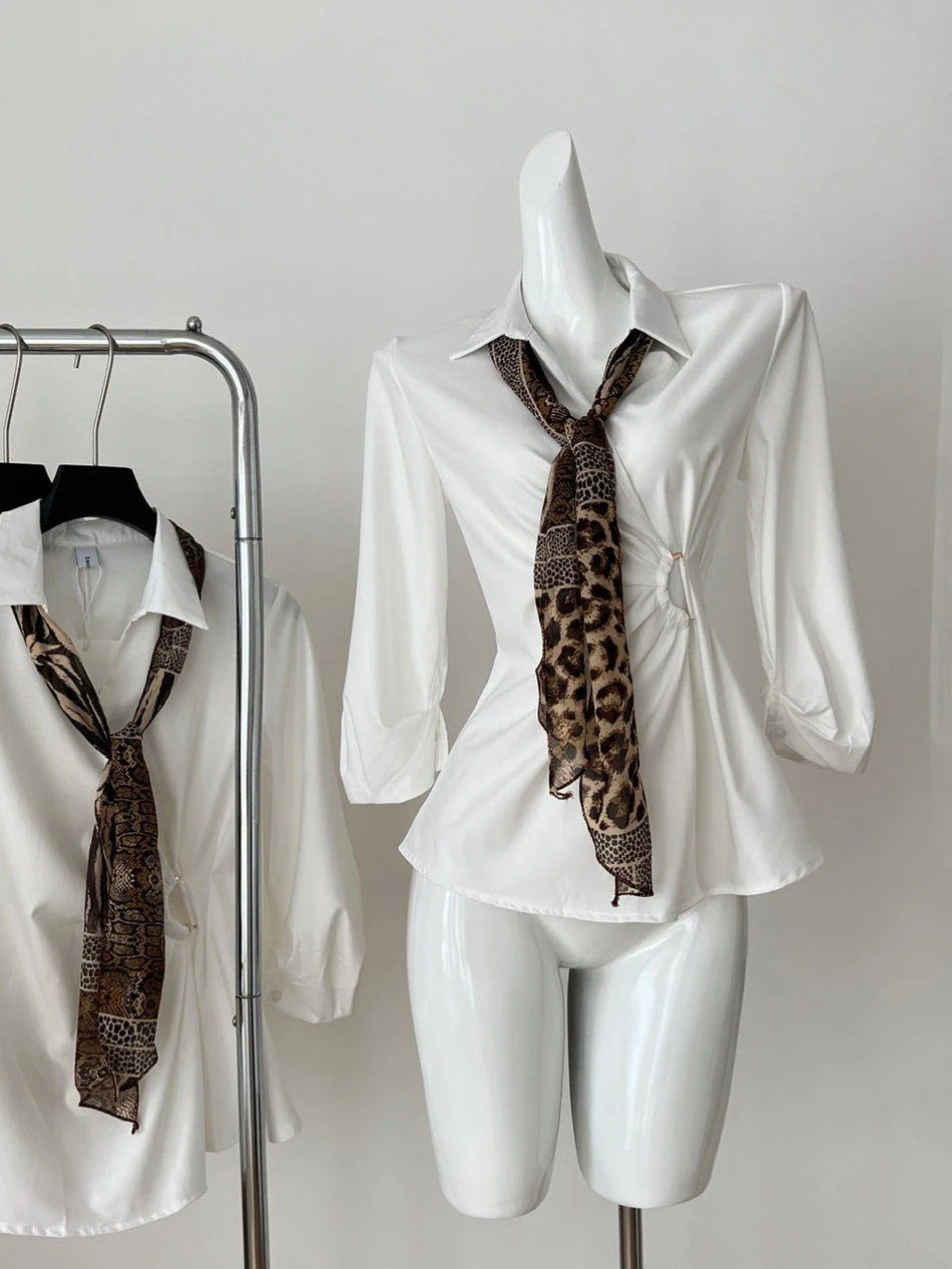 

Chic White Long Sve irt Women's Commute Faion Design Sense Age Reduction Luxury Light Korean Sle Busin Casual irt