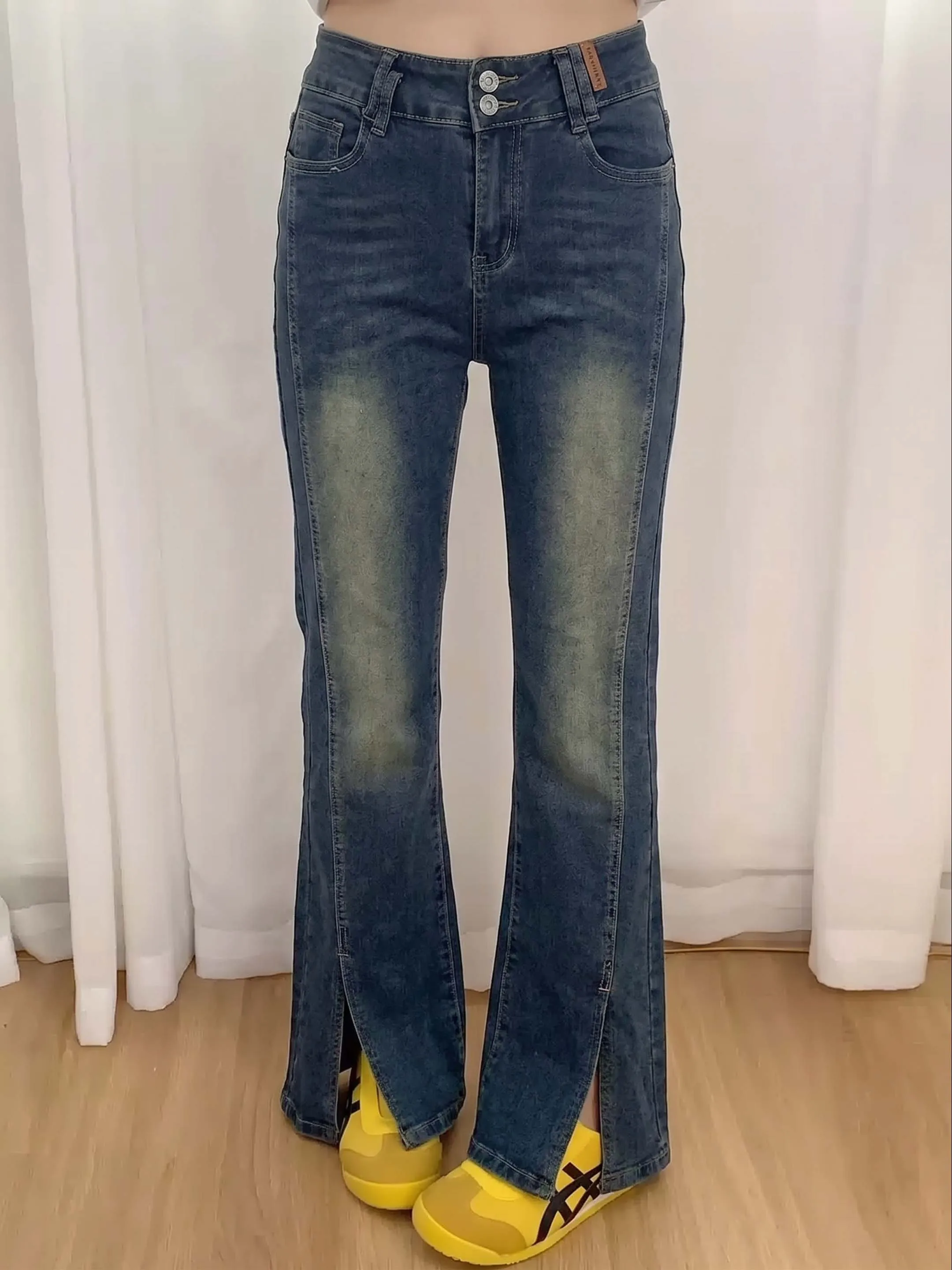 High Waist Wide Leg Jeans Women's Summer Slim Fit Floor Length Pants Side Slit Design Vintage Long Trousers Cotton Denim