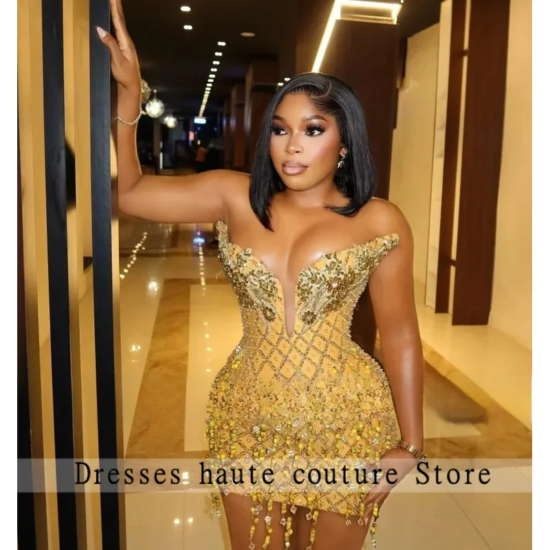 Gold Mini Party Dress 2026 Luxury Rhinestones Sleeveless Short Prom Gowns Birthday Dress For Woman 2026 Customized