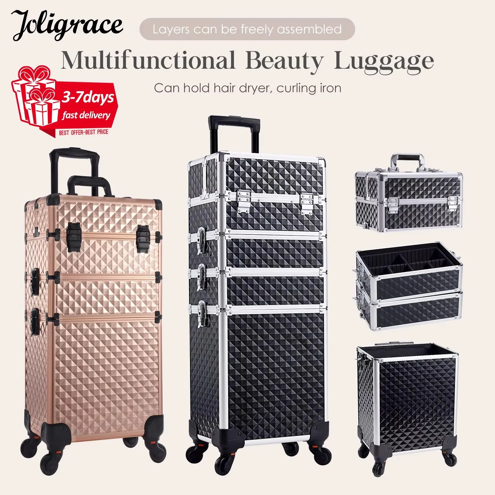 Makeup Trolley Case Detachable 4 in 1 Alloy Train Briefcase for Nail Manicure on Wheels Lock Salon Large Capacity Storage Case