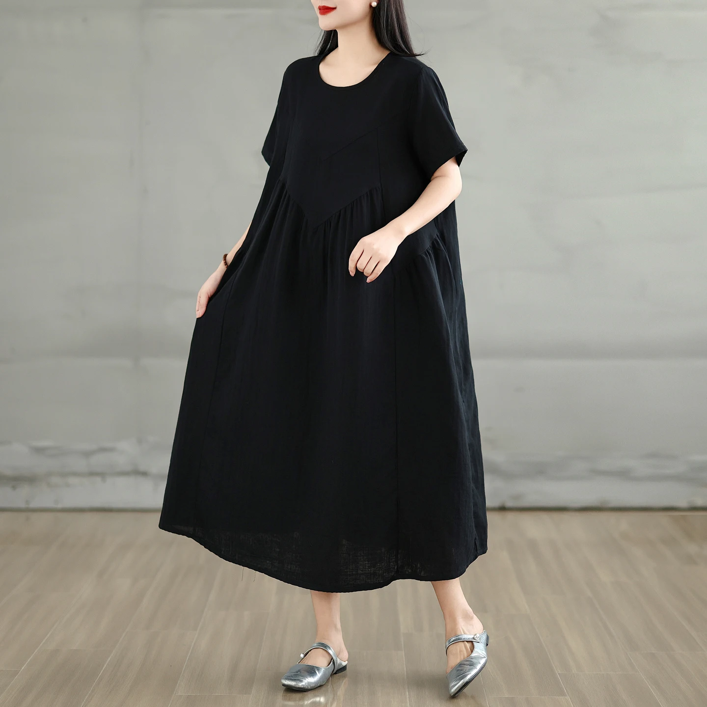 

Ретро-платье из хлопка с круглым вырезом и коротким рукавом для женщин, свободного кроя, больших размеров, с эффектом похудения, А-силуэт, юбка-платье для прогулок по городу, с завышенной талией, весна-лето