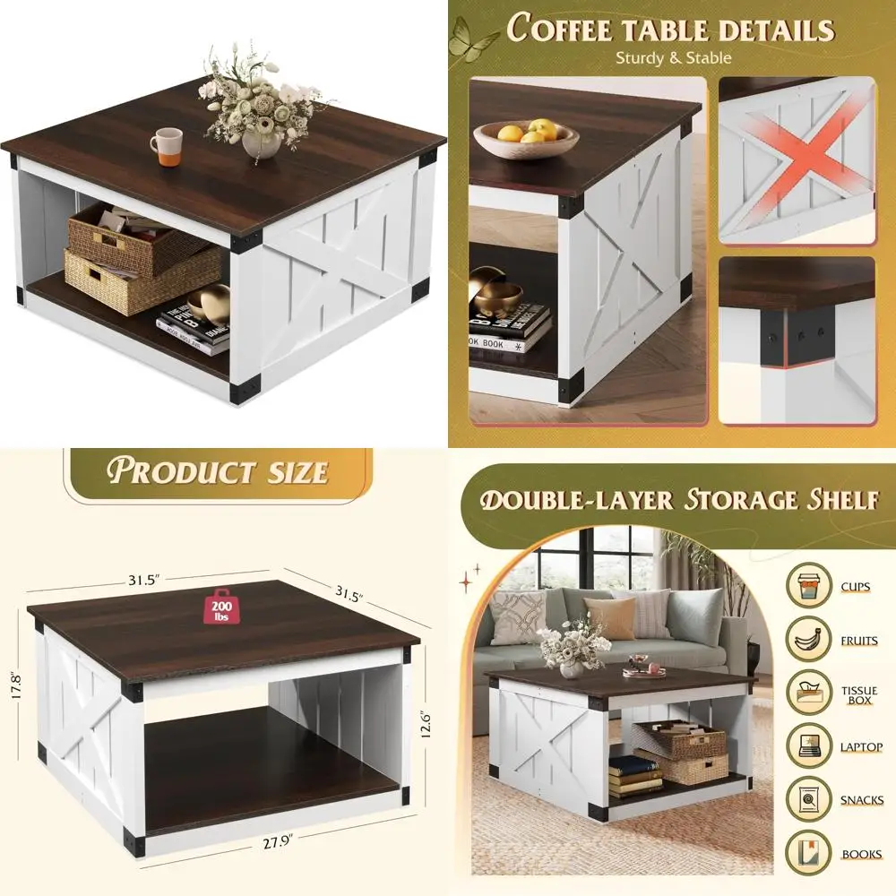 

Farmhouse Style Open Storage Coffee Table, 31.5 Square Living Room Rustic Dining Center Table
