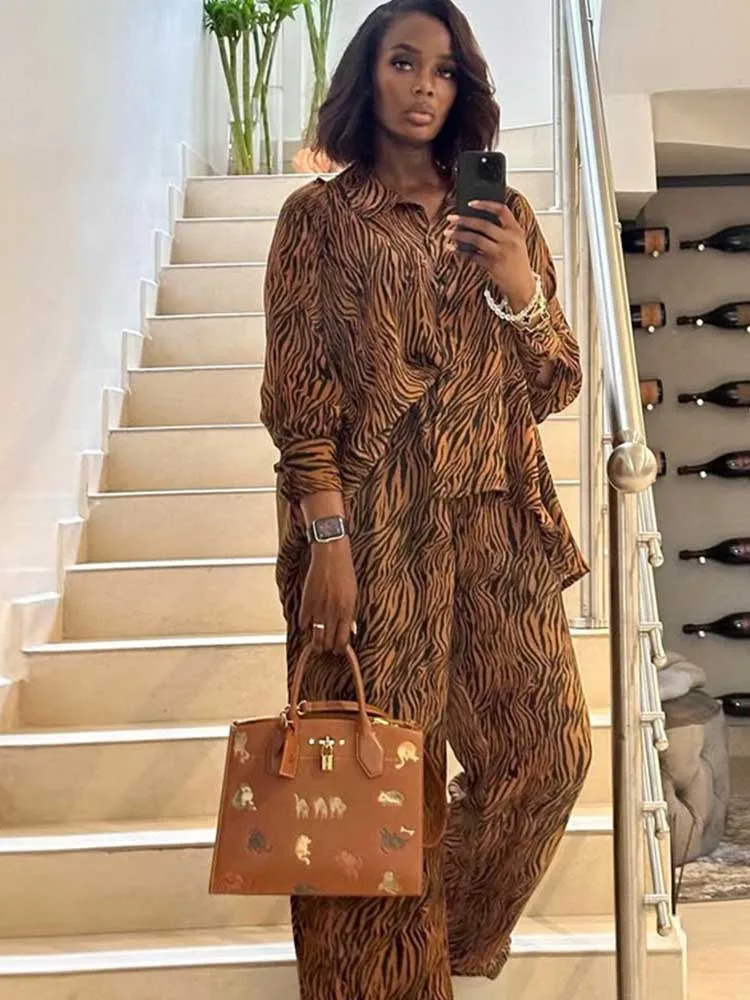 2 Piece Set Outfit Woman Trending Autumn Clothes Long Sleeve Elegant Pants and Blouse Set Vintage Brown Zebra Printed