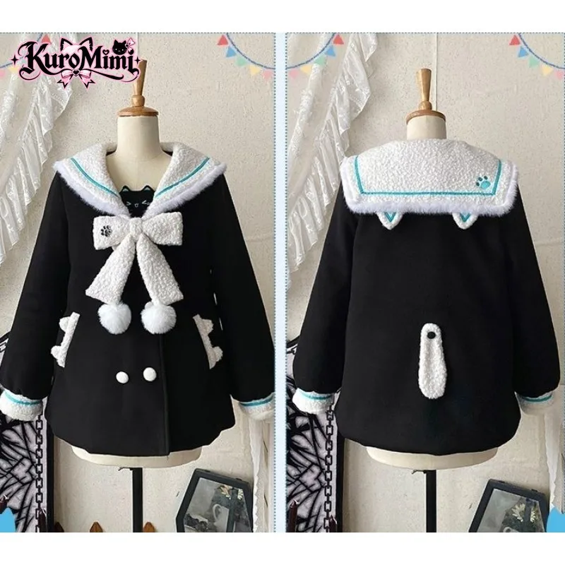 Women Japanese Kawaii Sailor Collar Fleece Lined Wool Coat Cat Paw JK Uniform Big Bow Preppy Winter Outerwear Cute Girl Warm New