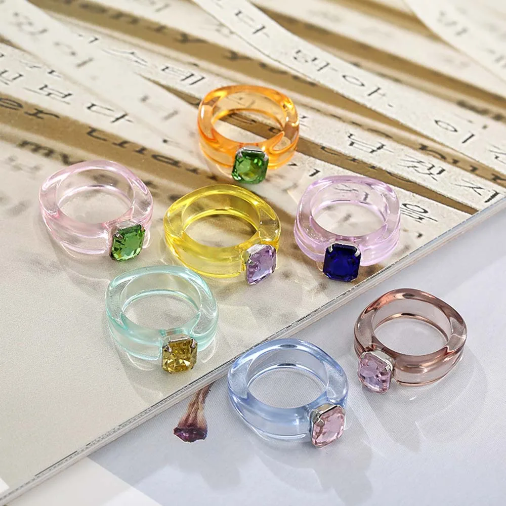 Irregular Vintage Jelly Color Cool Rhinestone Girls Finger Ring Resin Rings Transparent Fashion Jewelry
