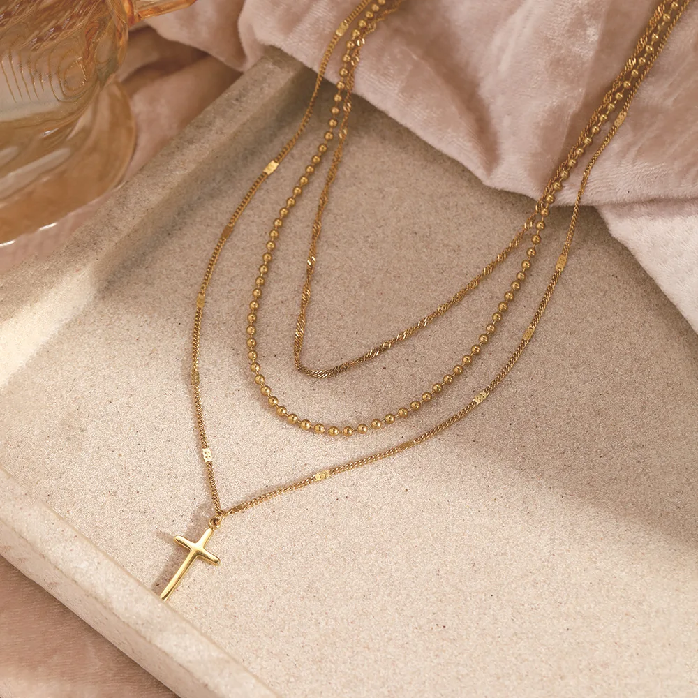 Cross Necklace for Women,14K Real Silver Gold Plated Waterproof Stackable Layering Necklaces Twist Dot Bead Chain Necklace Gifts