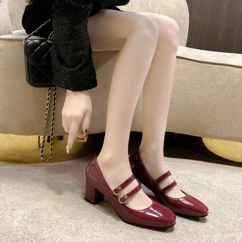 2024 Spring Autumn Women Double Buckle Mary Janes Shoes Patent Leather Dress Square Head Square Heel Solid Color Women\'s Shoes