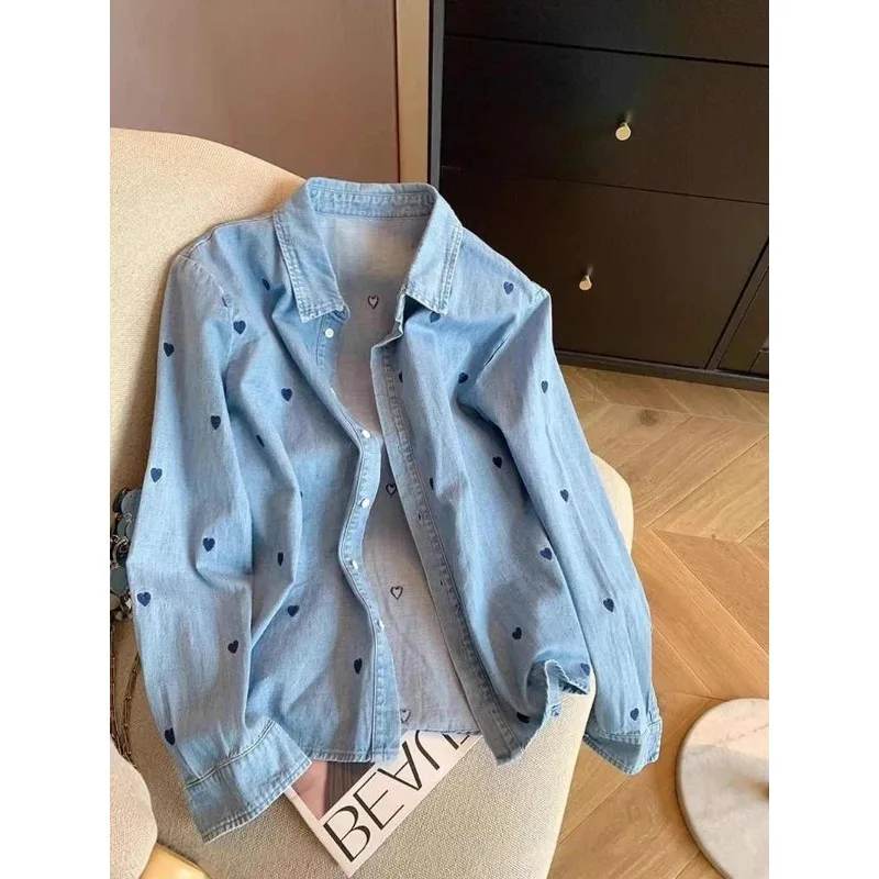 

American Retro Blue Soft Denim Shirt Women's Spring Autumn Heart Print Thin Coat Casual Versatile Loose Long Sleeve Top Shirt