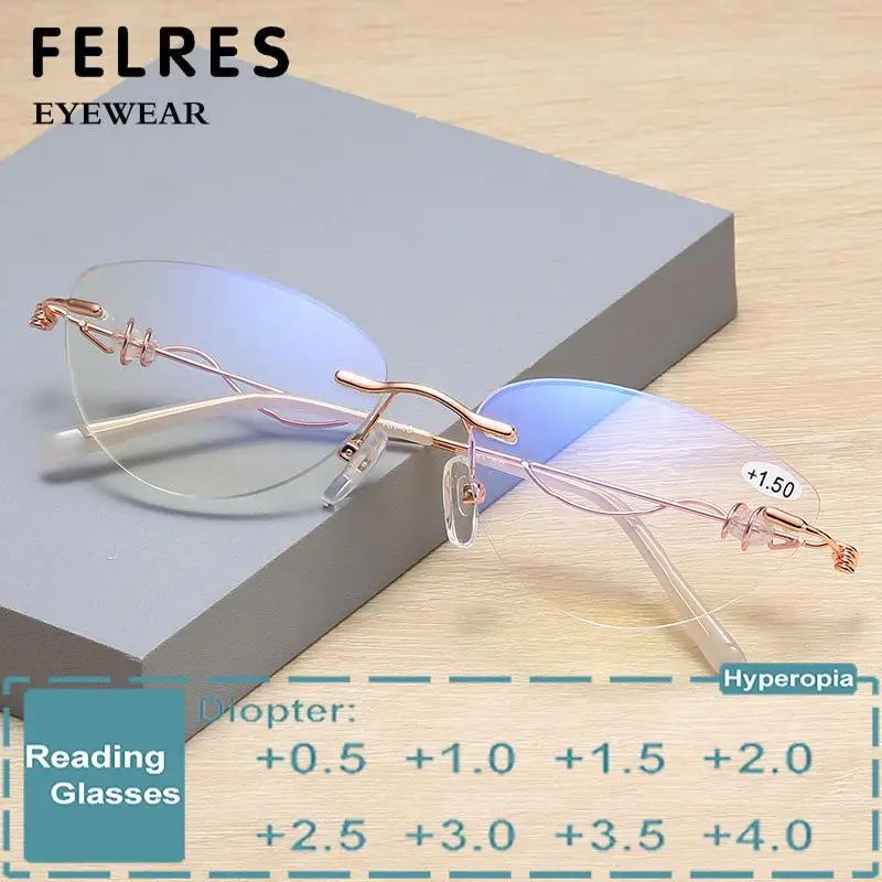 Luxury Rimless Anti Blue Light Reading Glasses For Women Designer Cat Eye Boundless Prescription Female Presbyopic Eyewear