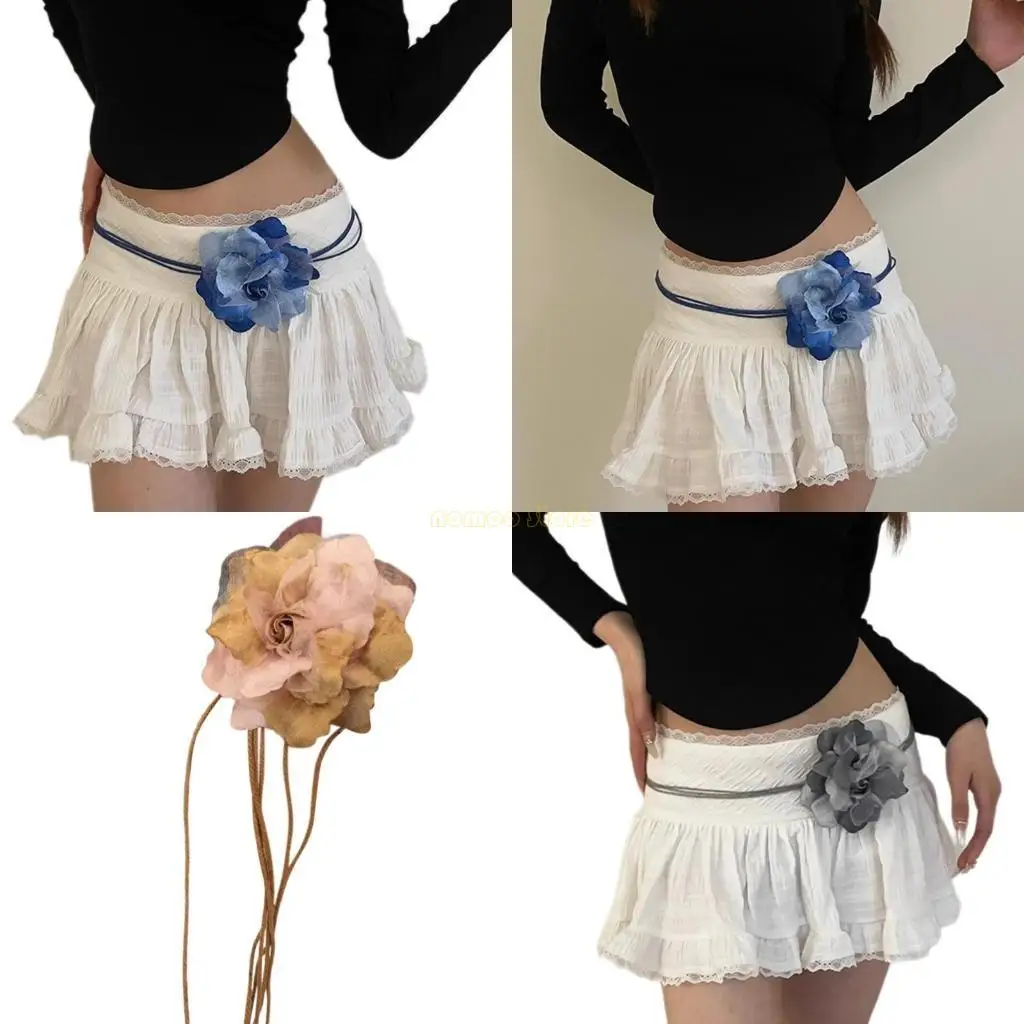 31BF Delicate Bohemian Waist Rope Flower Decors Braided Belt for Lady Dress Skirt