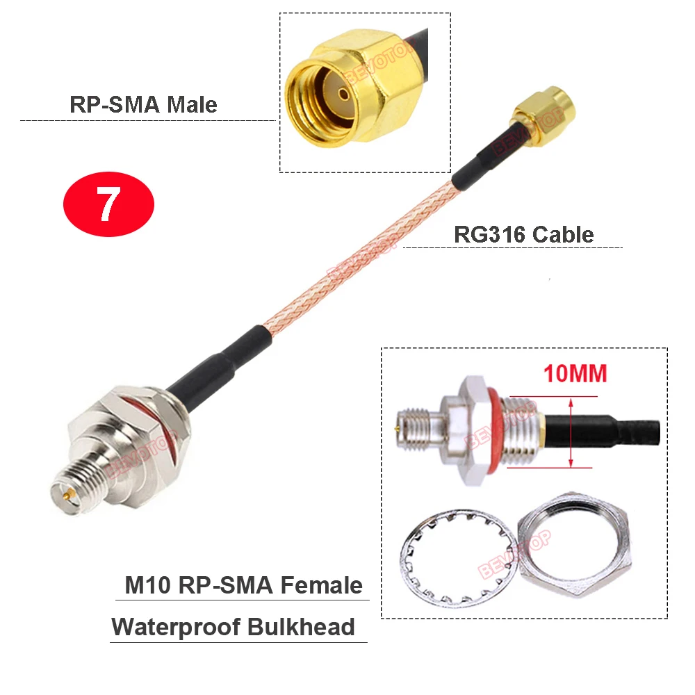 Imagem -06 - Bevotop-cabo de Jumper Coaxial rf Impermeável M10 Sma Rp-sma Anteparo Feminino para Rp-sma Masculino 50ohm Rg316 M10 10 Pcs Lot